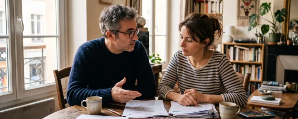 Couple d'âge moyen assis à leur table de salle à manger, discutant ensemble avec des documents financiers devant eux dans une ambiance domestique naturelle