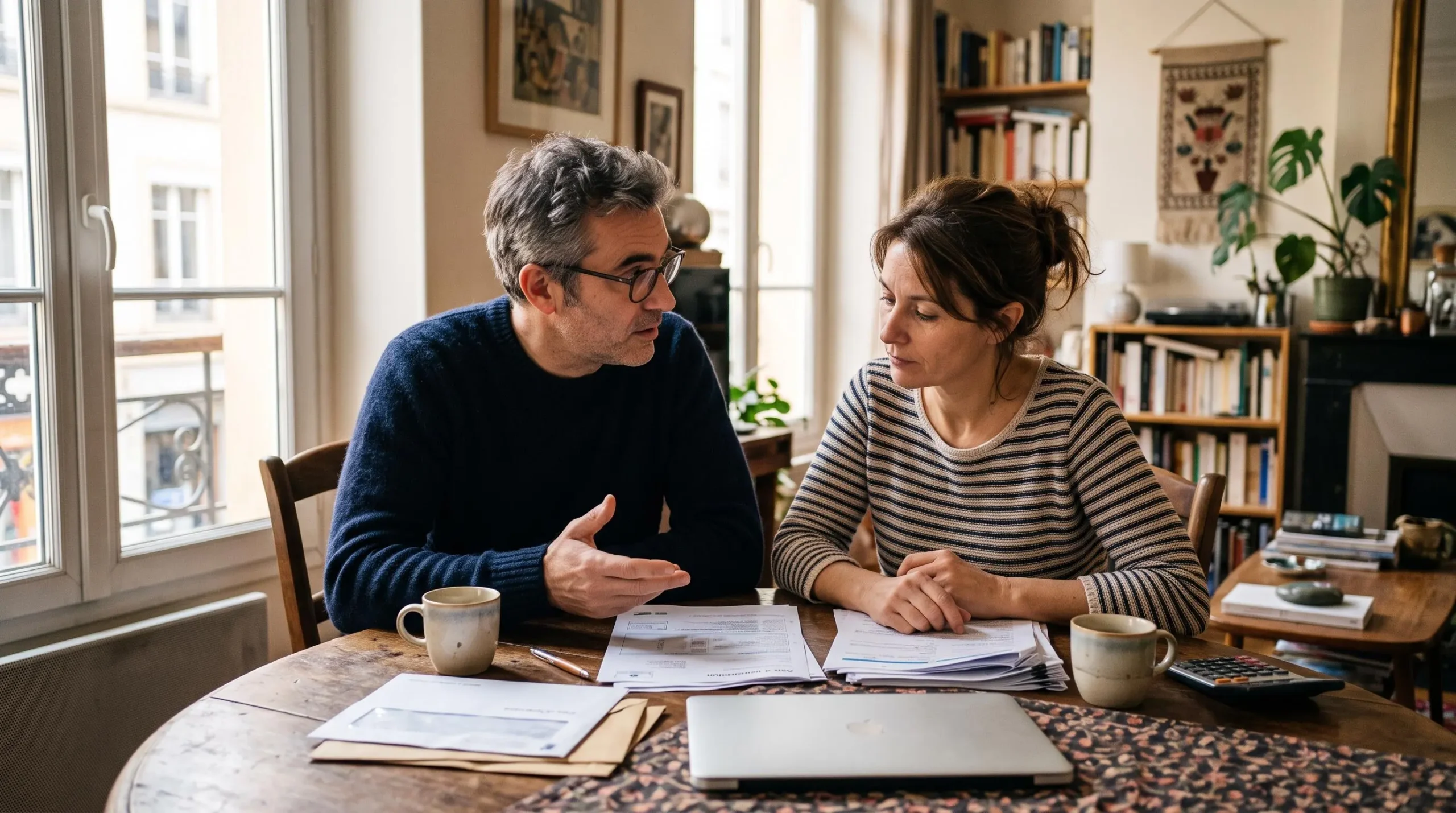 Couple d'âge moyen assis à leur table de salle à manger, discutant ensemble avec des documents financiers devant eux dans une ambiance domestique naturelle