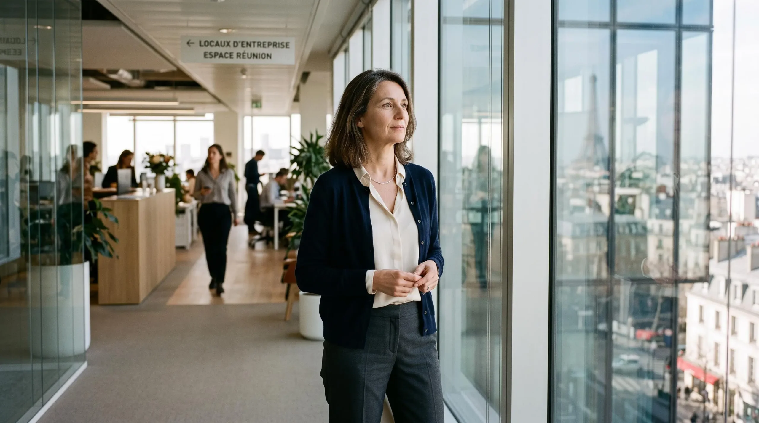 Femme professionnelle d'une quarantaine d'années debout dans un espace de bureau moderne, expression concentrée, lumière naturelle